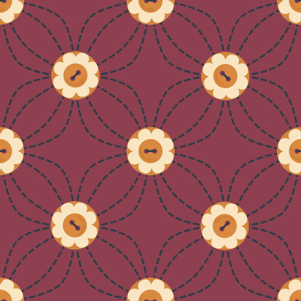 Bold vector seamless repeat pattern with orange flower buttons on claret background with grey stitches for fabric, scrapbooking and craft projects, gift wraps or wallpaper. - Vector, Image