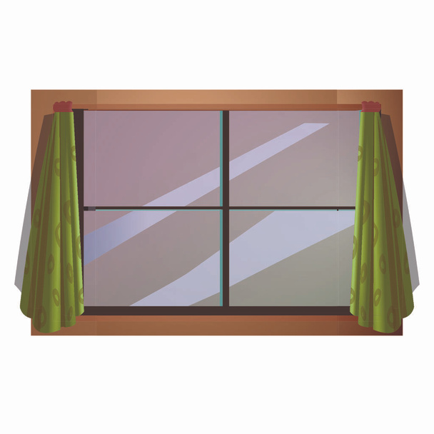 Okno z zielonymi zasłonami - Cartoon Vector Image - Wektor, obraz