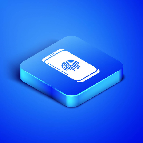 Smartphone isométrico con el icono del escáner de huellas dactilares aislado sobre fondo azul. Concepto de seguridad, acceso personal a través del dedo en el teléfono móvil. Botón cuadrado azul. Ilustración vectorial
 - Vector, imagen