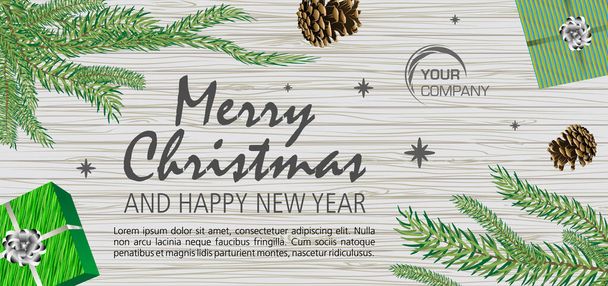 Cartão vetor Feliz Natal, banner com pinho, ramo e presente o
 - Vetor, Imagem