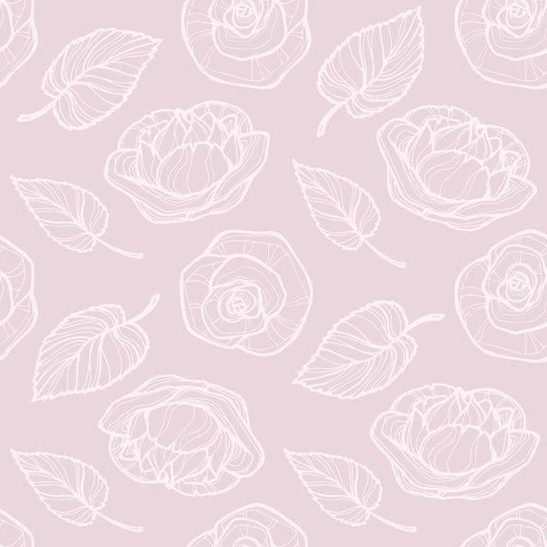 Vector image of buds and leaves of roses in pastel colors on a light beige background. Seamless background for wallpaper, textile and wrapping paper - Vektor, Bild