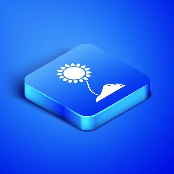 isometrisches Sonnenblumensymbol isoliert auf blauem Hintergrund. blauer quadratischer Knopf. Vektorillustration - Vektor, Bild