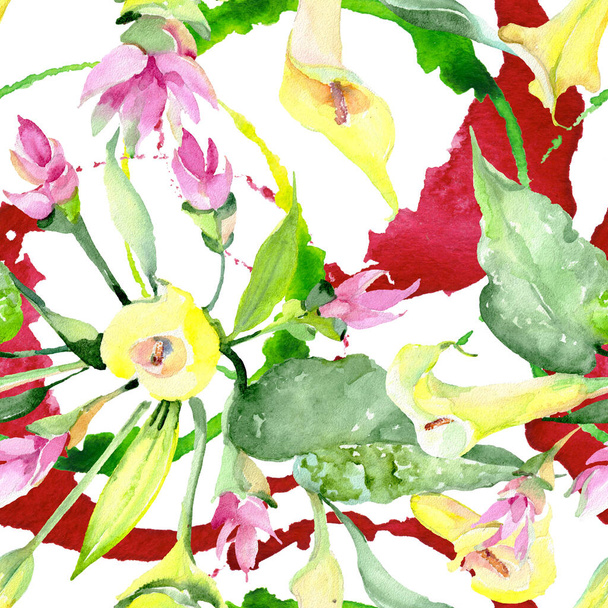 Bouquet floreale fiori botanici. Acquerello sfondo illustrazione set. Modello di sfondo senza soluzione di continuità
. - Foto, immagini
