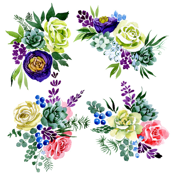 Bouquet floral botanical flowers. Watercolor background illustration set. Isolated bouquets element. - Photo, Image