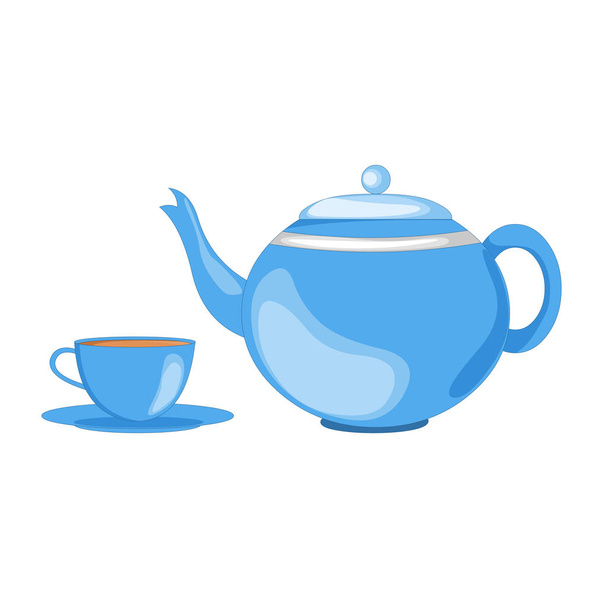Blue Teapot, Teacup and Saucer - Cartoon Vector Image - Vector, imagen