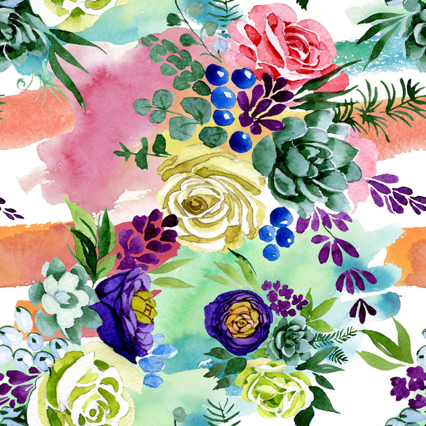 Bouquet floral botanical flowers. Watercolor background illustration set. Seamless background pattern. - Zdjęcie, obraz