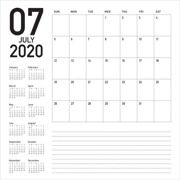 July 2020 desk calendar vector illustration - Wektor, obraz