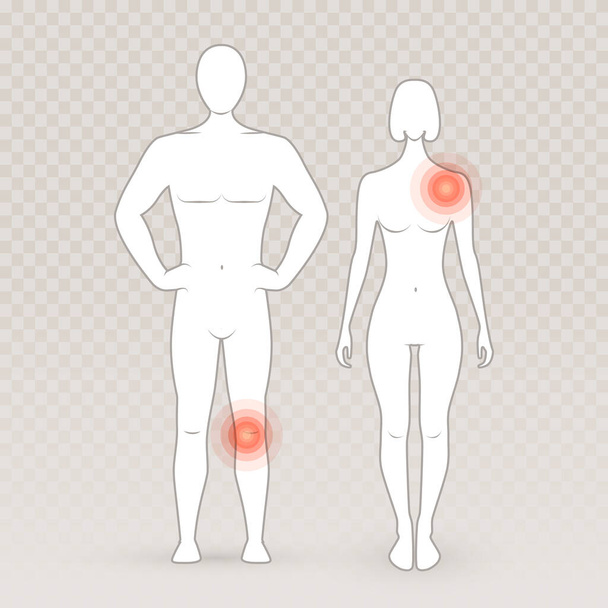 Male and female silhouettes with pain circles on the transparent background. Human model, man and women figure. Front view human body vector illustration. - Vector, Image