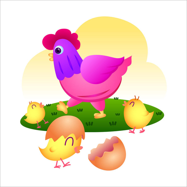 Gyönyörű tyúk és csirke, anya tyúk és gyerekek, csirke család. - Vektor, kép