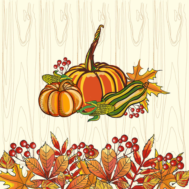 Background with pumpkin and ripe fresh vegetables. Happy Thanksgiving. Vector illustration - Vector, Image
