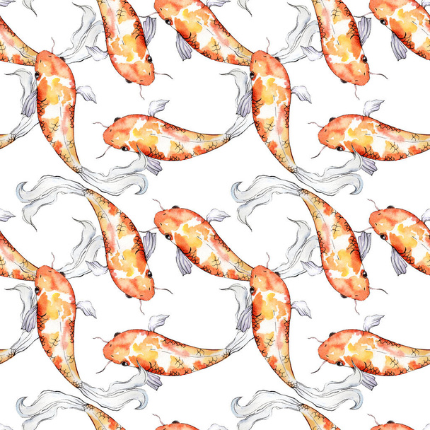 Aquatic underwater colorful tropical goldfish set. Watercolor background illustration set. Seamless background pattern. - 写真・画像