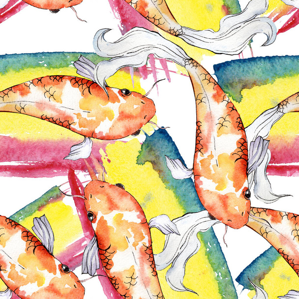 Aquatic underwater colorful tropical goldfish set. Watercolor background illustration set. Seamless background pattern. - Фото, зображення
