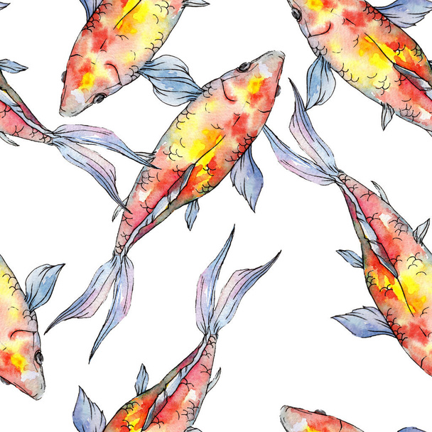 水生水中カラフルな熱帯金魚セット。●水彩背景イラストセット。シームレスな背景パターン. - 写真・画像