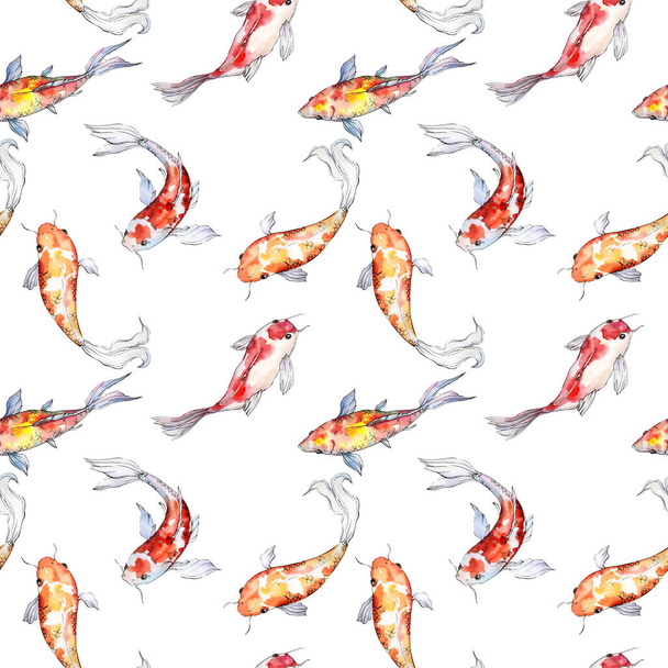 Aquatic underwater colorful tropical goldfish set. Watercolor background illustration set. Seamless background pattern. - Foto, Imagem