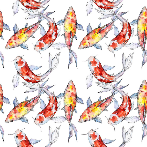 Aquatic underwater colorful tropical goldfish set. Watercolor background illustration set. Seamless background pattern. - Foto, Imagem