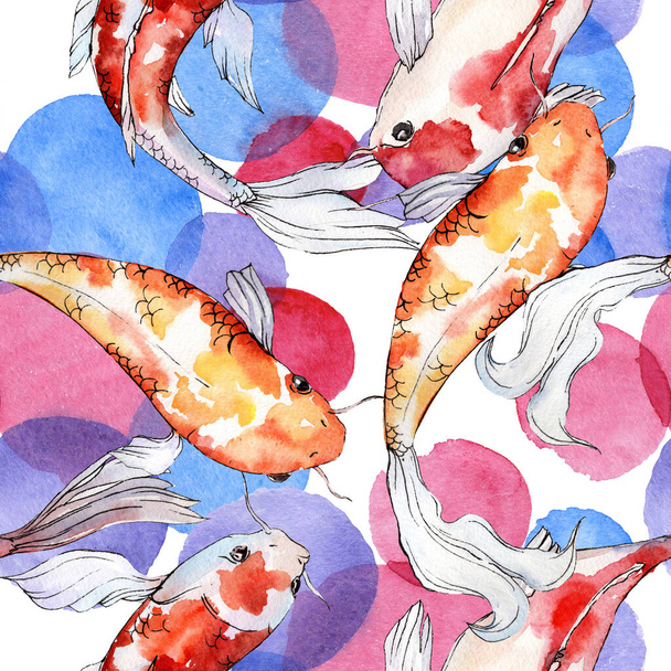 Su altı sualtı renkli tropikal japon balığı seti. Suluboya arka plan illüstrasyon seti. Kesintisiz arka plan deseni. - Fotoğraf, Görsel