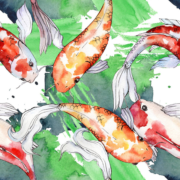 Acuático submarino colorido conjunto de peces de colores tropicales. Conjunto de ilustración de fondo acuarela. Patrón de fondo sin costuras
. - Foto, Imagen