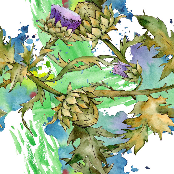 Thistle floral botanical flowers. Watercolor background illustration set. Seamless background pattern. - Foto, Bild