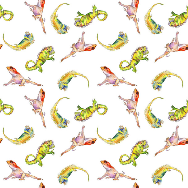 Exotic iguana wild animal. Watercolor background illustration set. Seamless pattern. Fabric wallpaper print texture. - Foto, Bild