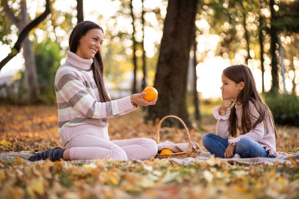 Mother and daughter having picnic in park in autumn. - Foto, Bild