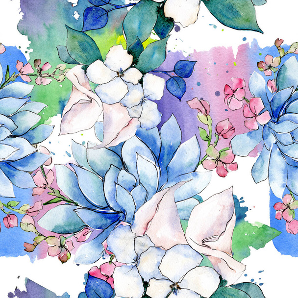 Bouquet loral botanical flowers. Watercolor background illustration set. Seamless background pattern. - Photo, Image