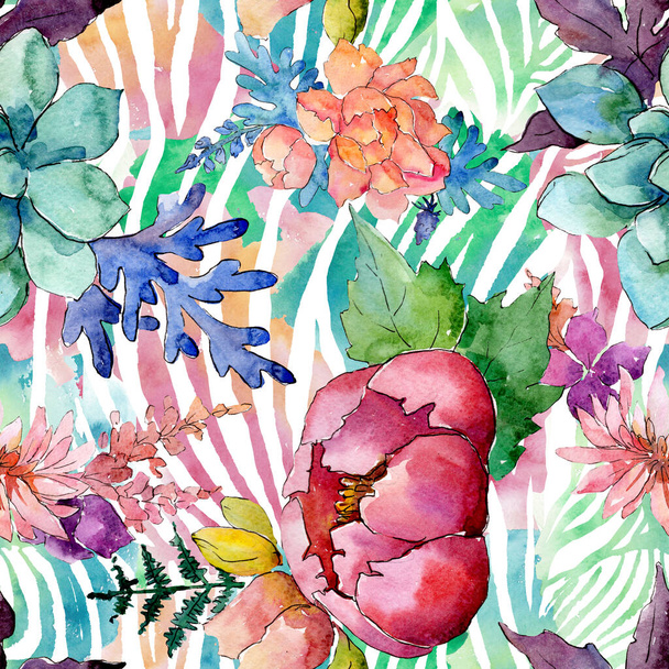 Floral botanical flowers composition. Watercolor background illustration set. Seamless background pattern. - Foto, Imagen