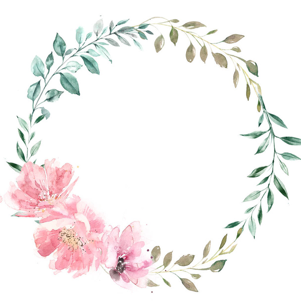 Wreath of green leaves and pink flowers - Foto, Imagem