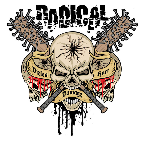 агрессивная эмблема с черепом, гранж винтажный дизайн футболки
 - Вектор,изображение