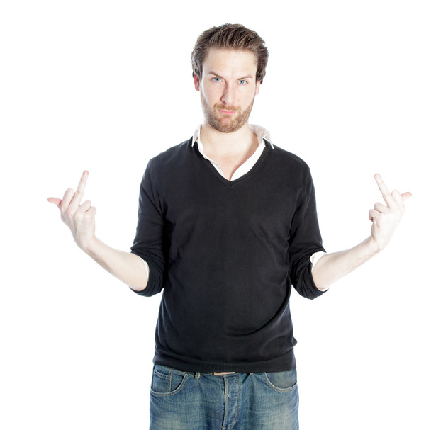 Attractive caucasian man shows the middle finger on both hands - Photo, Image