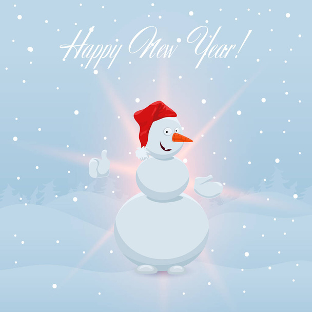 hellen Hintergrund mit einem Schneemann. fröhlicher Schneemann zeigt Klasse. Frohes neues Jahr. der Schneemann leuchtet. - Vektor, Bild