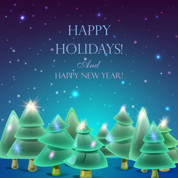 Background with greetings and forest Christmas card with christmas trees Happy Holidays. - Vector, Image