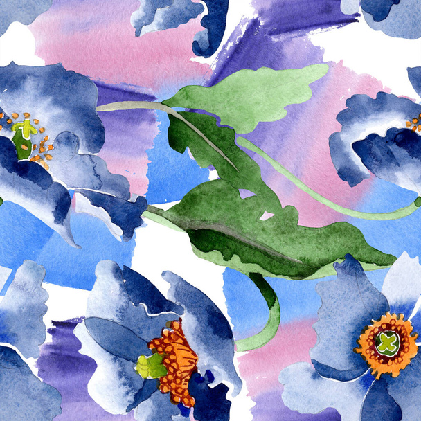 Fiori botanici floreali di papavero blu. Acquerello sfondo illustrazione set. Modello di sfondo senza soluzione di continuità
. - Foto, immagini