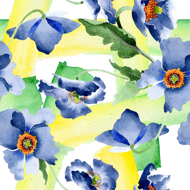 青いケシの花の植物の花。●水彩背景イラストセット。シームレスな背景パターン. - 写真・画像