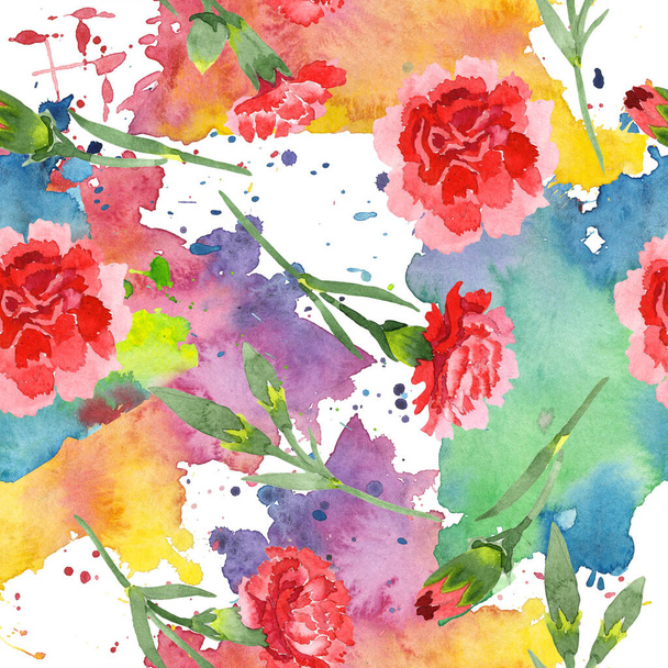 Czerwony Dianthus kwiatowy kwiatów botanicznych. Akwarela zestaw ilustracji tła. Płynny wzór tła. - Zdjęcie, obraz