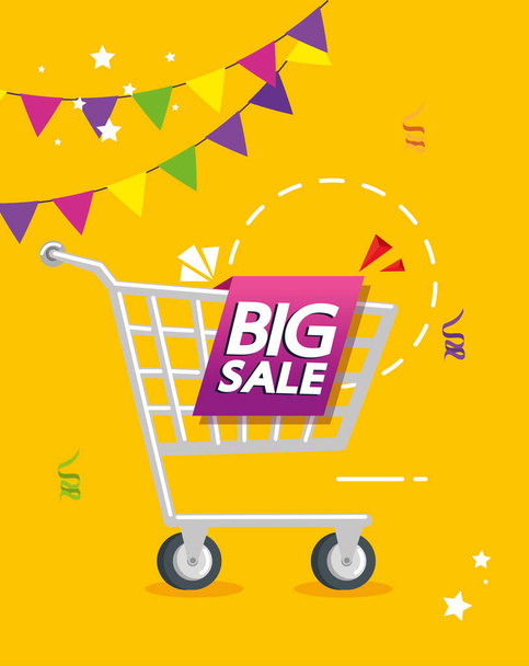 commercial label with big sale offer lettering and cart shopping - Vector, Image