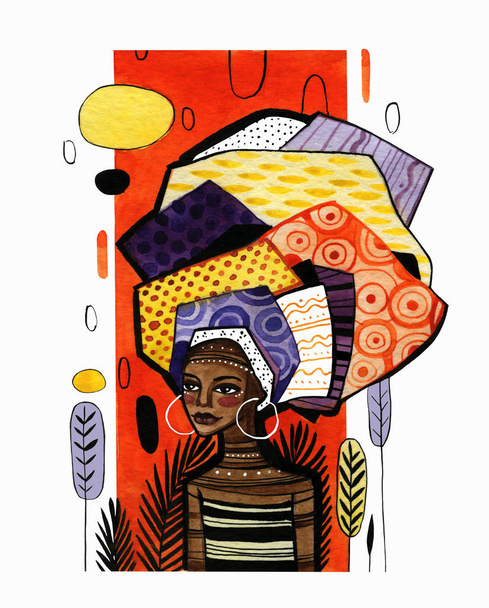 Illustratie van een Afrikaans Amerikaans meisje op een achtergrond van oranje verticale streep. Aquarelwerk met grafische elementen wordt gedaan in warme kleuren.  - Foto, afbeelding