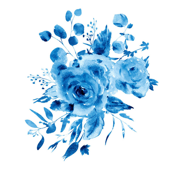 Tarjeta de felicitación floral acuarela azul en estilo a la prima. Agua c
 - Foto, imagen