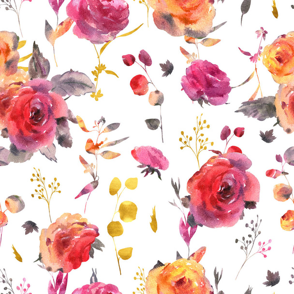 Gentle watercolor floral seamless pattern. Red, yellow, watercol - Photo, Image
