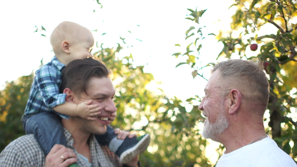 Happy baby is sitting on his fathers shoulders, grandfather is standing nearby, the baby is leaning over and everyone is laughing merrily. Outdoor portrait - Footage, Video