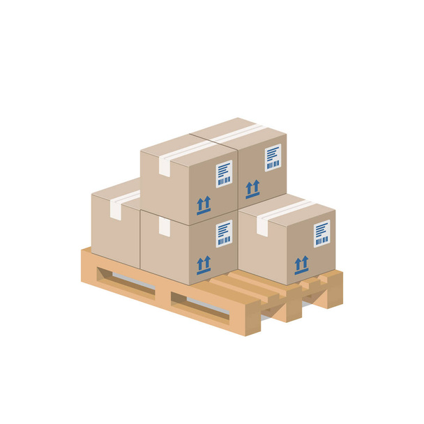 Boîtes en carton sur palette boisée. Concept de l'entrepôt. Style isométrique. Illistratio isolé sur fond blanc
. - Vecteur, image