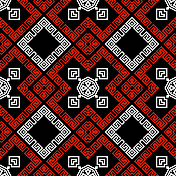 Tribal black white red elegant greek style vector seamless pattern. Ornamental geometric ethnic background. Colorful abstract trendy backdrop. Geometric modern ornate greek key meanders ornament - Vektori, kuva