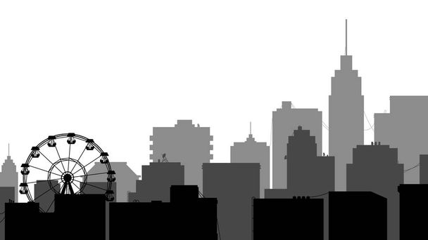 Schwarz-weißes Stadtpanorama mit Riesenrad und Wolkenkratzer - Vektor, Bild