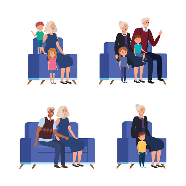 Torunları kanepede oturan büyükanne ve büyükbaba sahneleri. - Vektör, Görsel