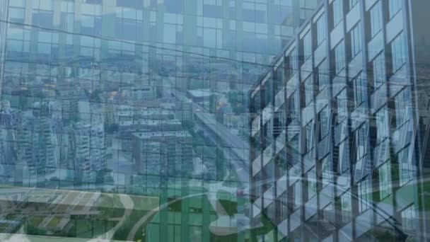 Animation of cityscape with moving modern buildings in city in the background - Filmati, video
