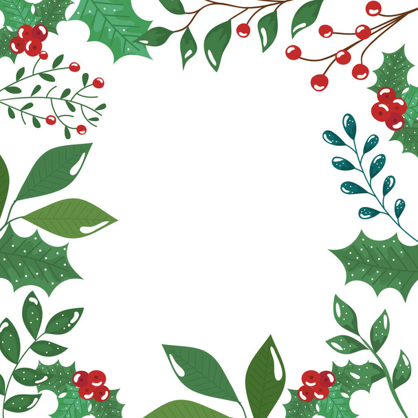 frame of leafs and branches with seeds christmas icons - Vector, imagen