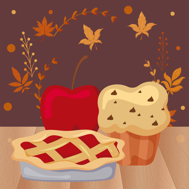pyszne i świeże ciasta z jabłkiem z jesiennymi liśćmi tła - Wektor, obraz