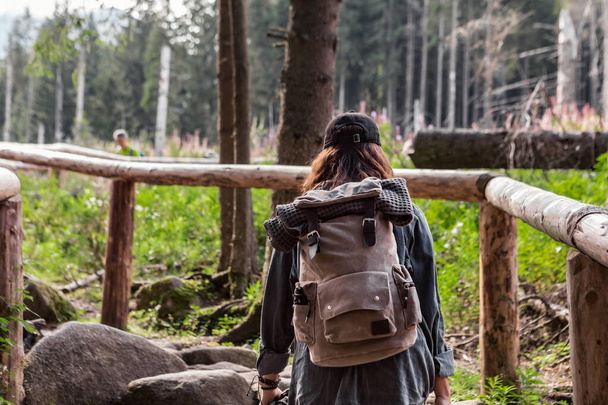 senderista mujer caminando por el camino de piedra en el bosque
 - Foto, imagen