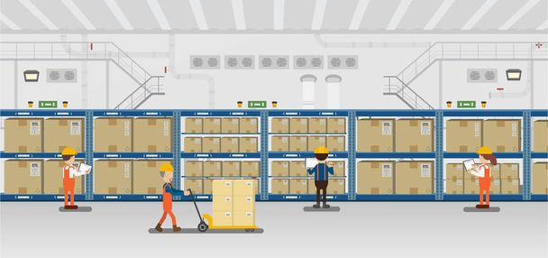 Warehouse in process with workers working flat design vector illustration - Vector, Image