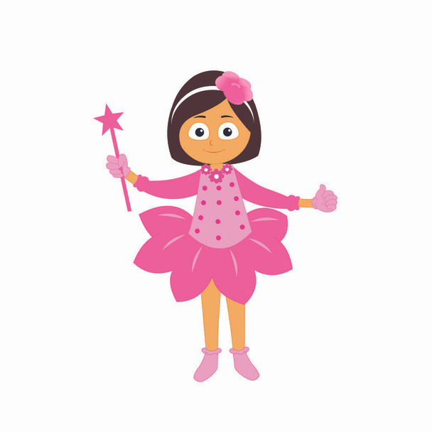 Chica de hadas con tutú de flores y varita estrella - Imagen vectorial de dibujos animados
 - Vector, imagen