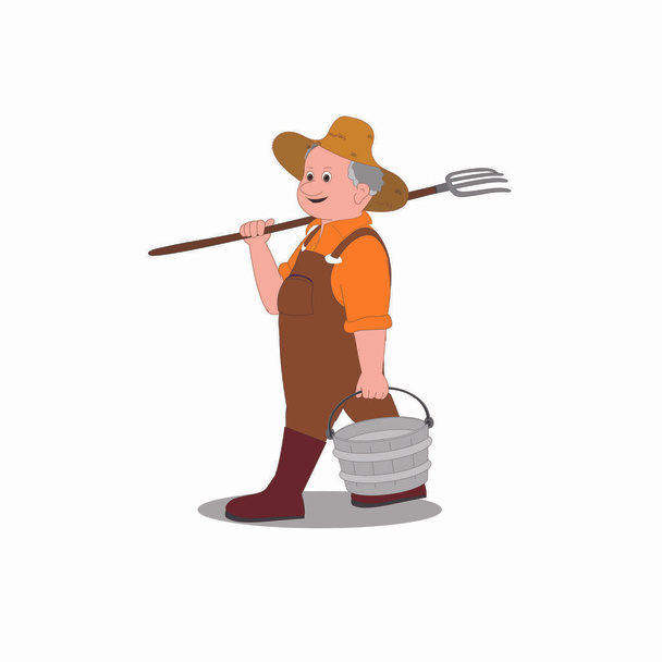 Farmer with Spading Fork and Bucket - Cartoon Vector Image - Vektor, obrázek